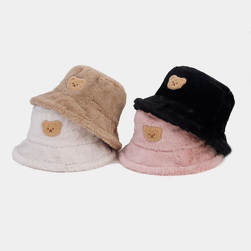 New Collegiate Style Cute Bear Bucket Hat for Women, Trendy Autumn/winter Plush Thickened Warm Sun Hat, Pot Hat