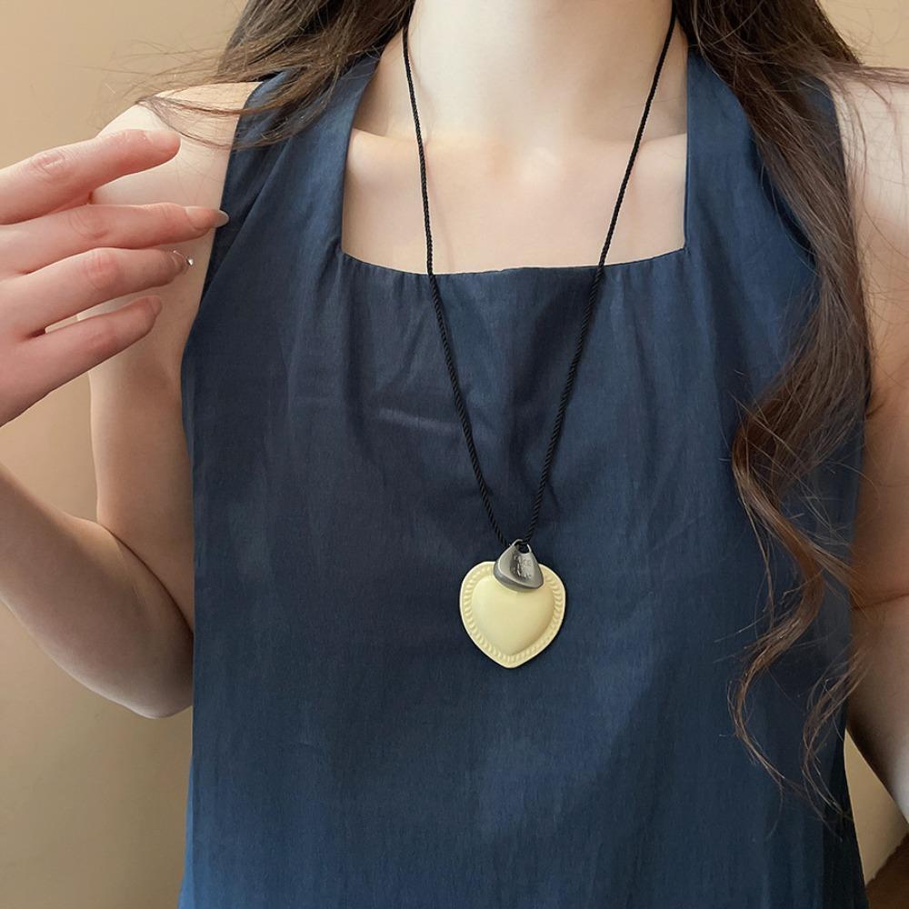Hanging Neck Long Leather Necklace Love Heart Korean Sweater Chain  Women