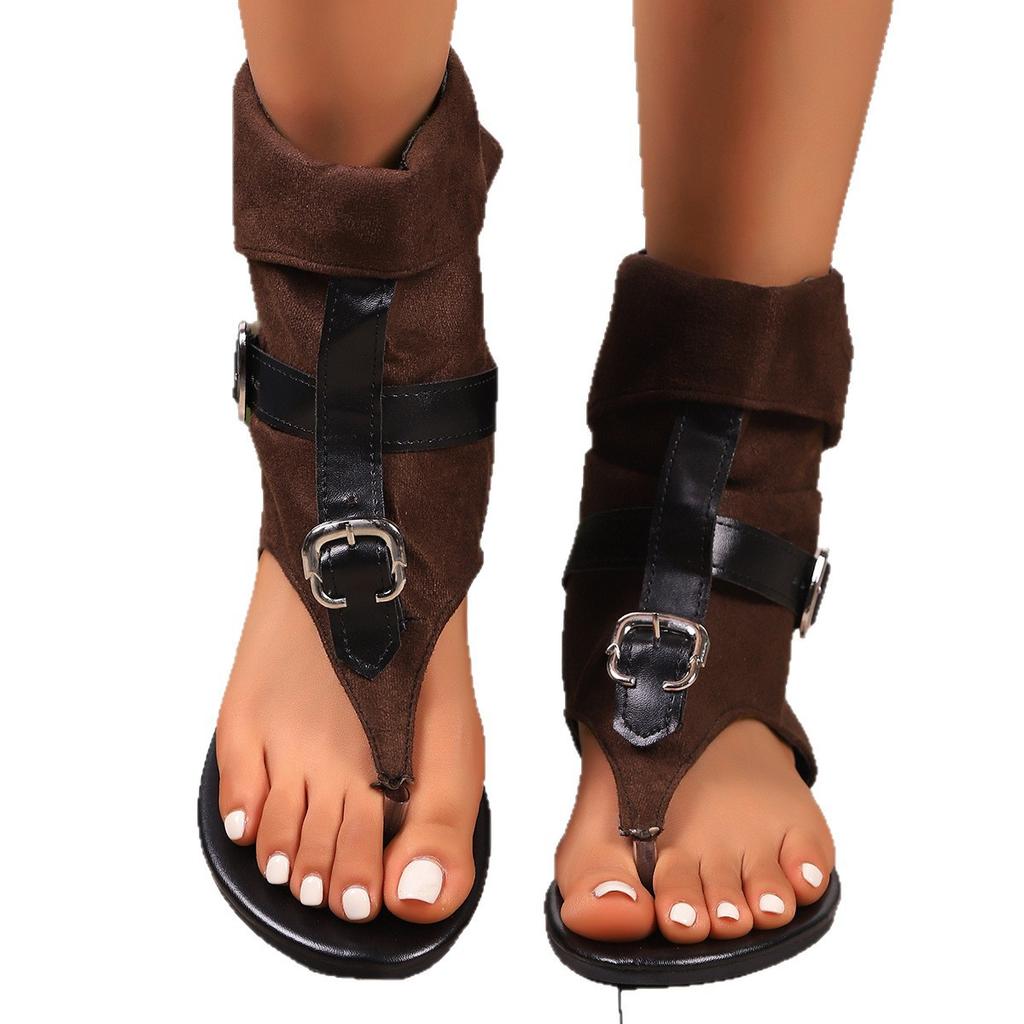 Fashion High Top Flat Bottom Fashion Sandals 2025 Summer Belt Buckle European and American Style Roman Sandals Flip Flops Women's Shoes