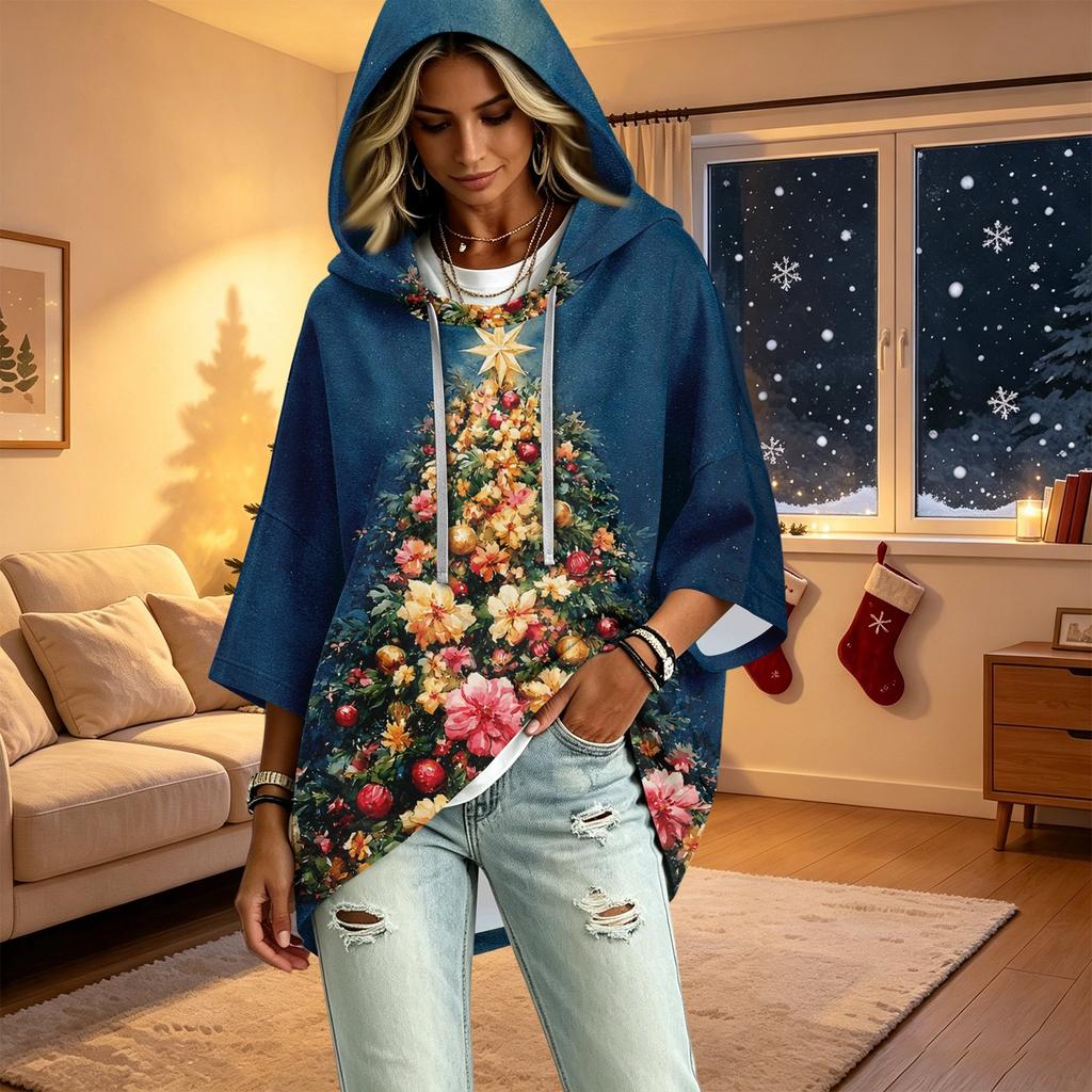 Women's Fashion Christmas Print Hooded Pullover Top, 3/4 Sleeve Casual Tunic