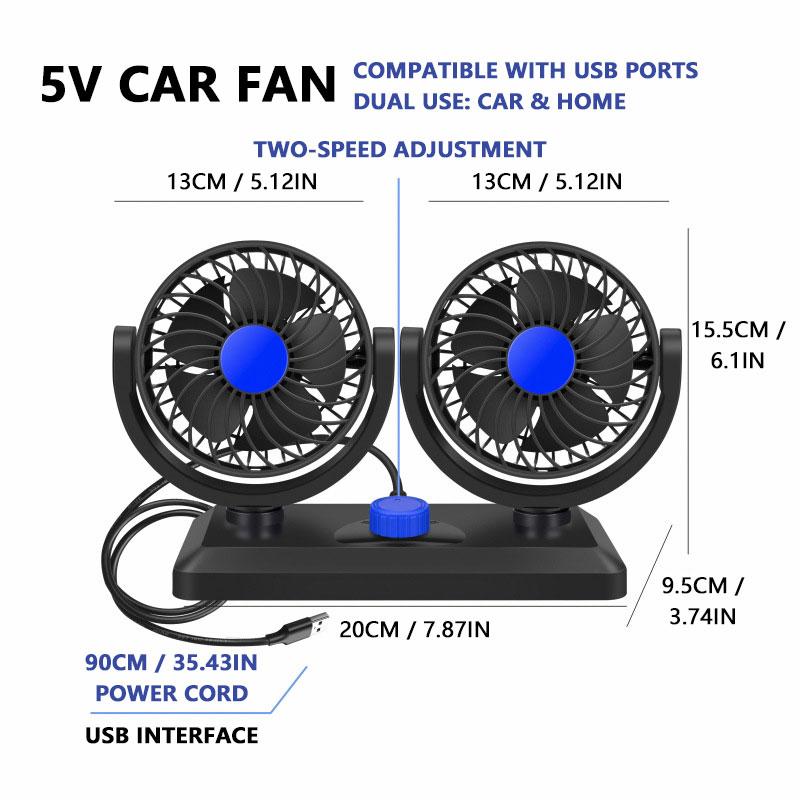 Dual Head Car Fan 12V 24V 5V Rotation Cooling Fan for Car 3-Speed Adjustable Auto Air Fan Portable Electric Fan SUV Truck 5V