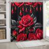Red Rose Shower Curtain Black Background Water Drops Artistic Design Waterproof Fabric Romantic Bathroom Decor