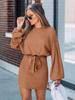 2026 Spring/Autumn Women's Long Sleeve Ribbed Knit Dress with Belt - European & American Style