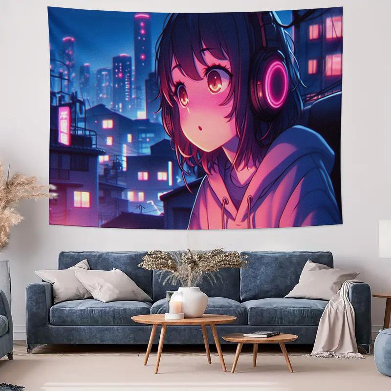 Future City Night Scene with HeadphoneWearing Girl Wall Decorative Tapestry