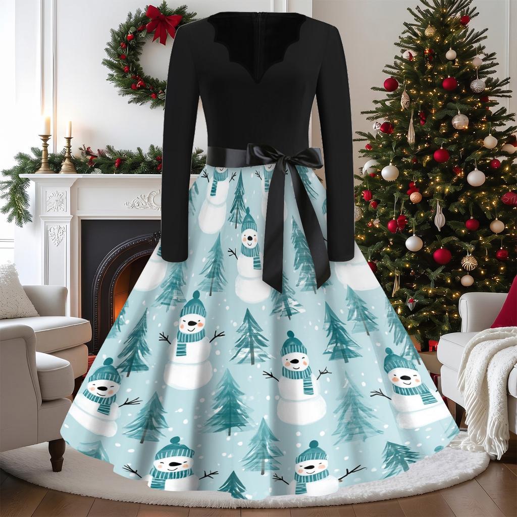 Women's Vintage V-Neck Long Sleeve Christmas Print Casual Dress