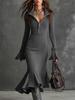 2025 Autumn European & American Elegant Zip-Lapel Bell Sleeve Knit Fishtail Skirt