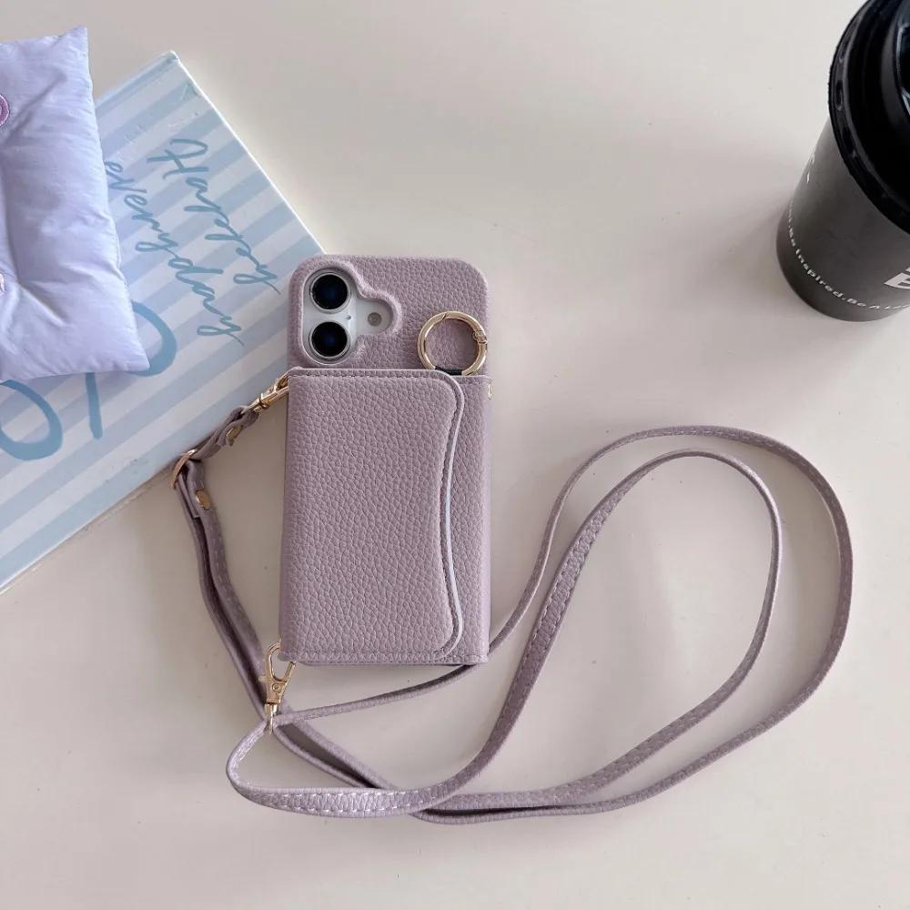 Wallet Card Holder Slot Phone Case for IPhone 16E 16 15 14 Pro 13 12 Mini 11ProMax Ring Crossbody PU Leather Anti-fall Cover