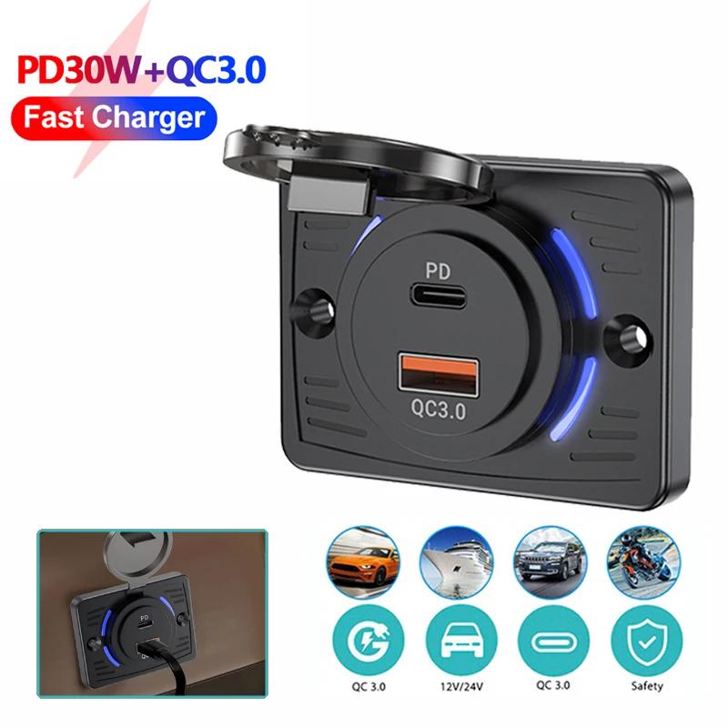 Yjmp Auto Parts Unisex Dual Ports Pd Qc3.0 Car Charger Socket Quick Charge Rv Dual Usb Power Adapter Outlet Car Accessories For 12V/24V Car Bus Truck
