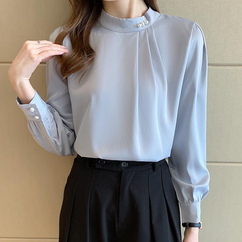 Mode Langarm Weiß Blau Perlen Chiffon Bluse Shirt Frauen Tops J226