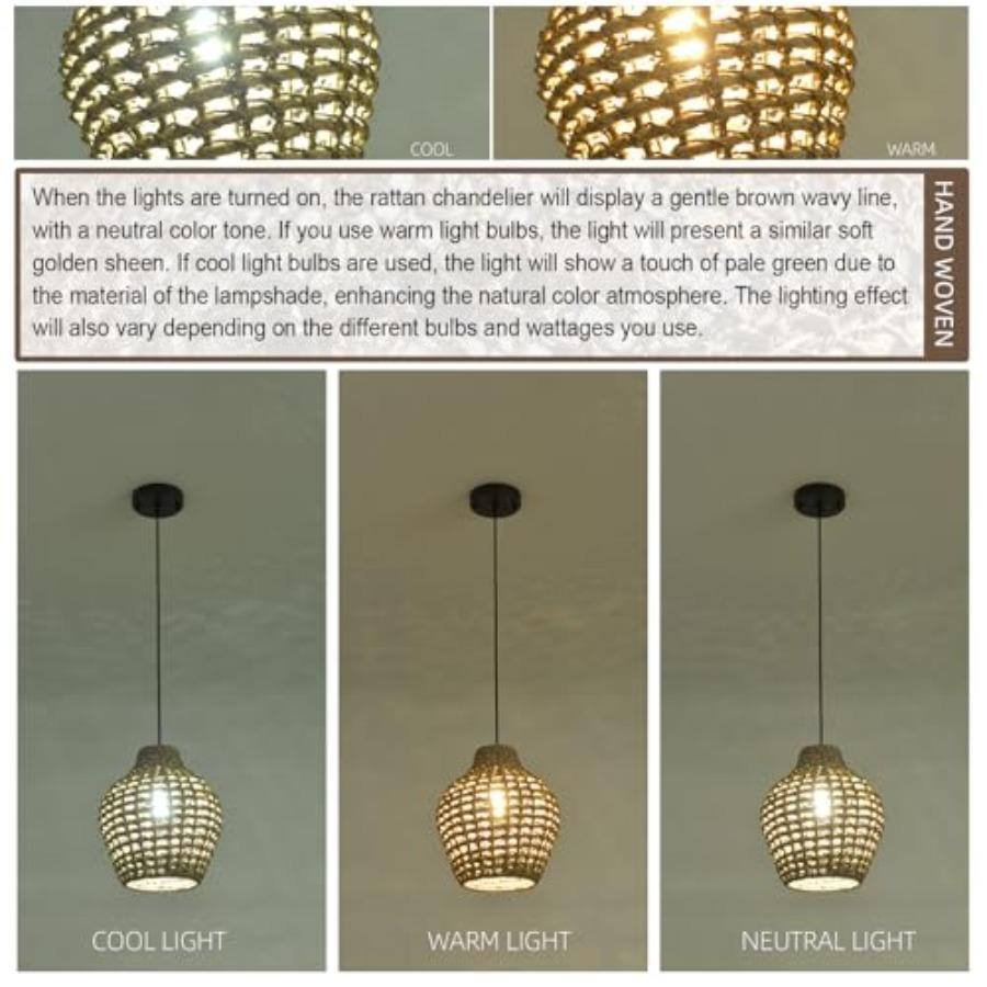 2-Pack Rattan Pendant Light 10.24 Boho Small Hand-Woven Lighting Modern Wicker Coastal Adjustable Rattan Chandelier for Kitchen