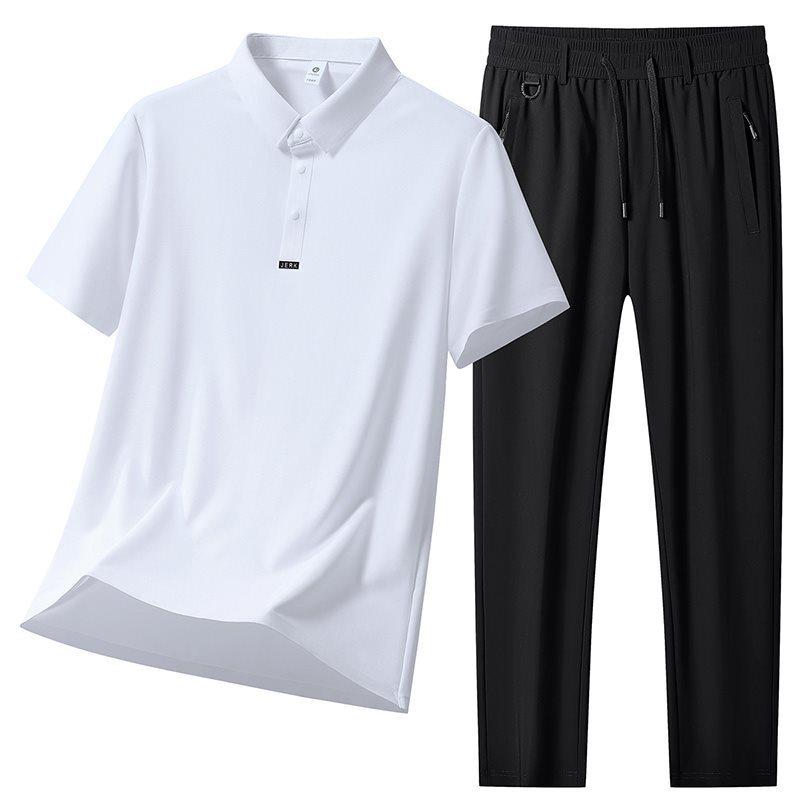 Men's Polo Short Sleeve & Long Pants Set: Summer Breathable, Elastic, Cool Touch Casual Sportswear.