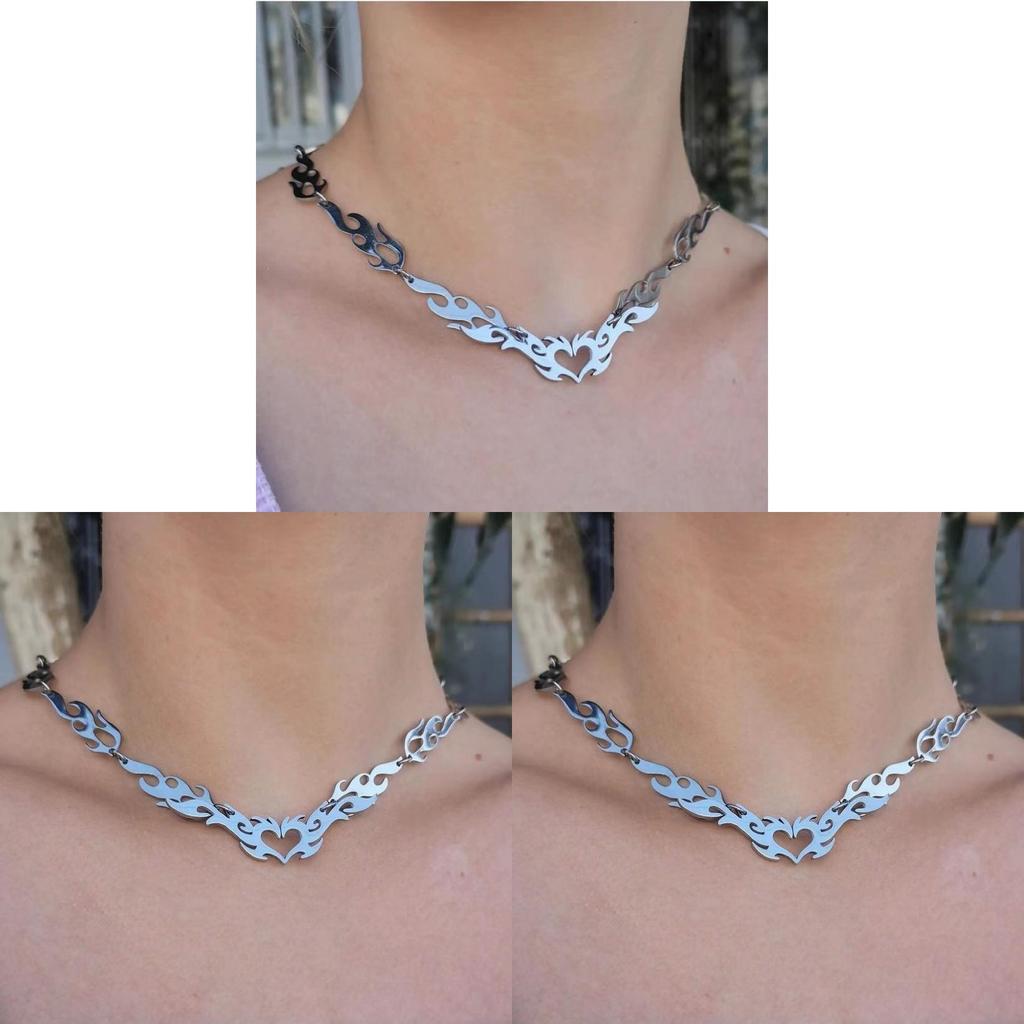 Punk Heart Shaped Necklace With Flame Chain For Women Fashion Jewelry