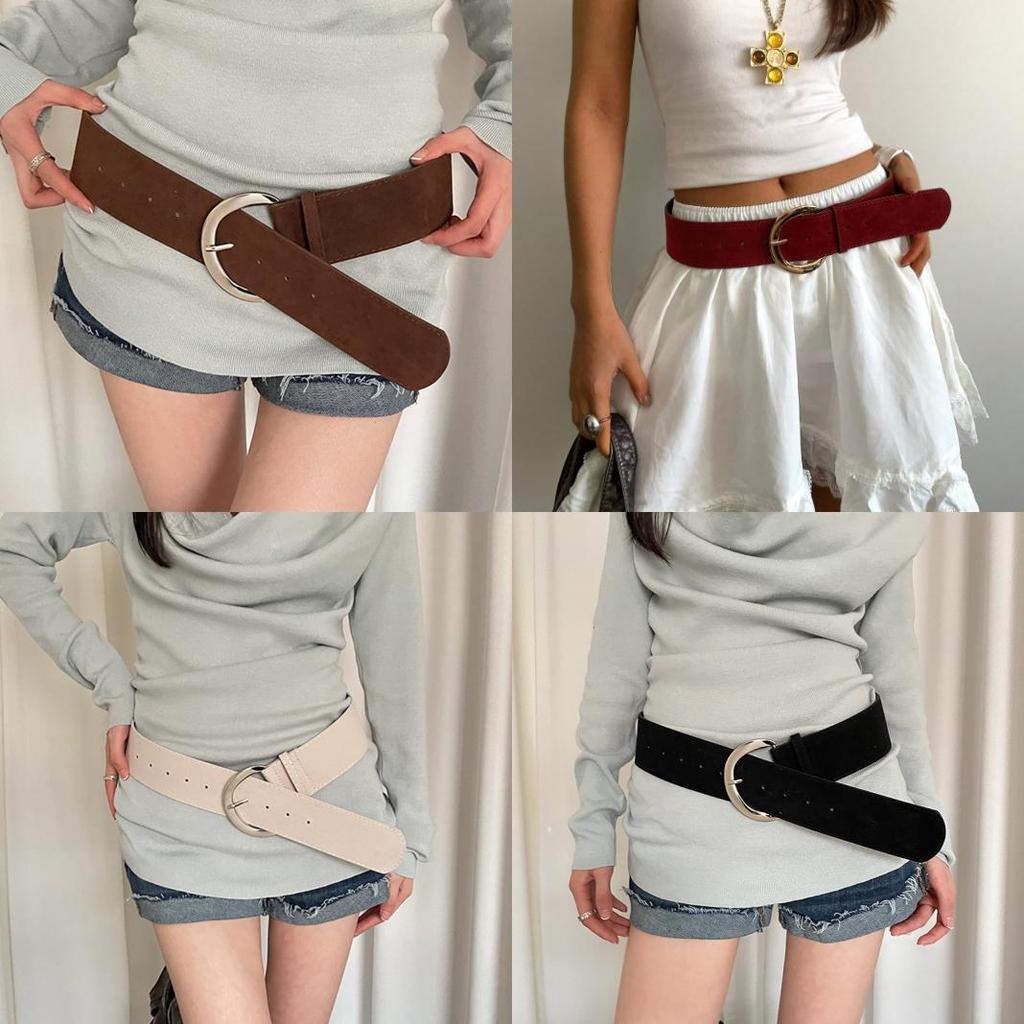 Pu Leather Wide Belt With Gold Buckle For Fashionable Casual Wear