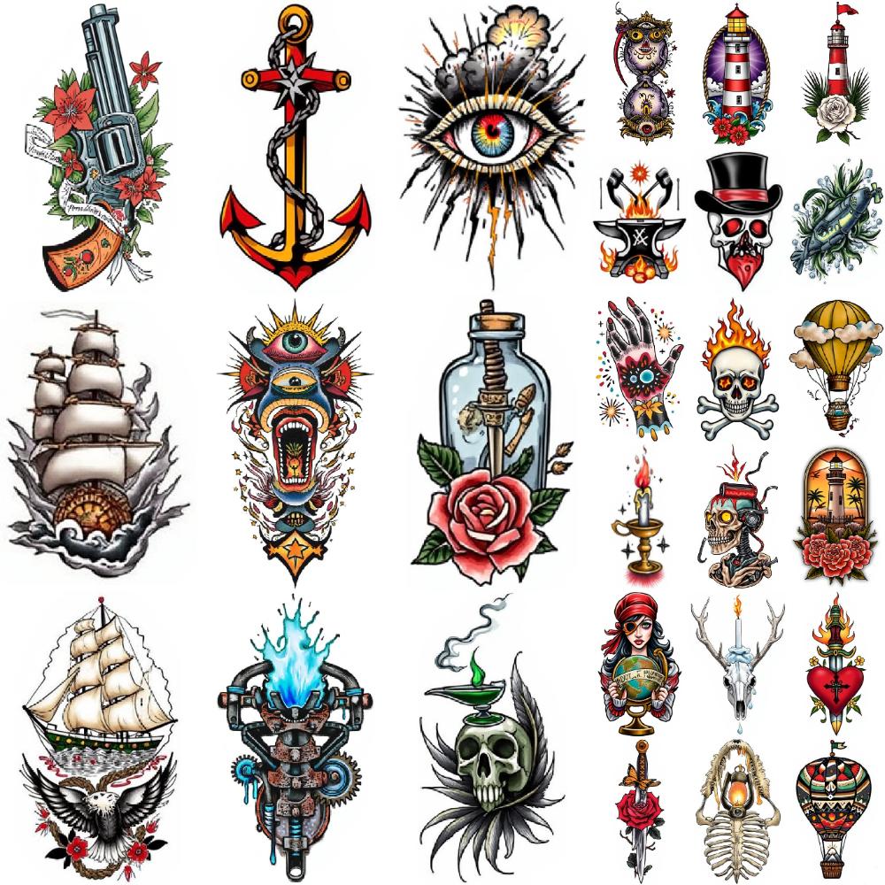 28pcs Temporary Tattoo New School Traditional Nautical Ship Eye With Sunburst Parachute For Shoulders Women Chest