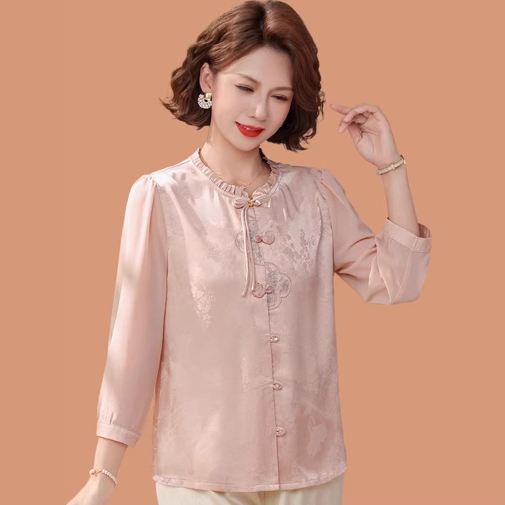 Chiffon Shirt for Stylish Moms - Elegant Mid-Age Spring Clothing with Gauze Sleeves, New Chinese National Style Top for Spring/Summer