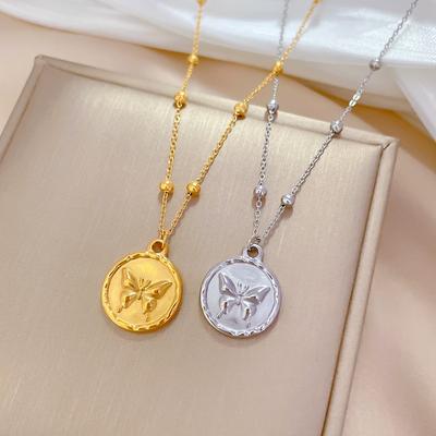 Titanium Steel Round Butterfly Minimalist Furnace Real Gold Necklace Female Collarbone Chain Accessories