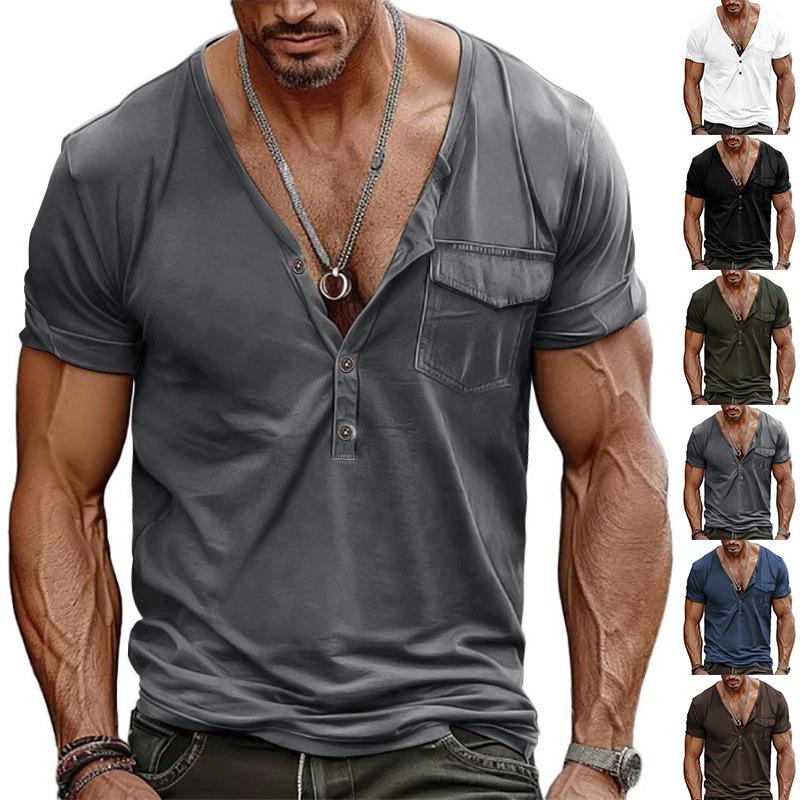 Herenlos V-hals Henley T-shirt met zak en korte mouwen.
