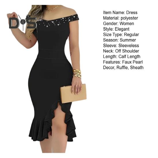 Evening Dress Off Shoulder Sheath Sleeveless Irregular Ruffle Hem Slim Fit Solid Color Faux Pearl Decor Midi Dress for Party Prom Wedding