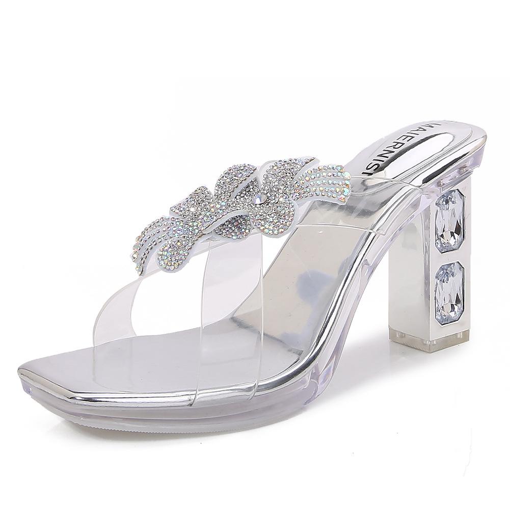 Summer Rhinestone Bow Cross One-Word Slippers Rhinestone Sexy Transparent Crystal High Heel Sandals