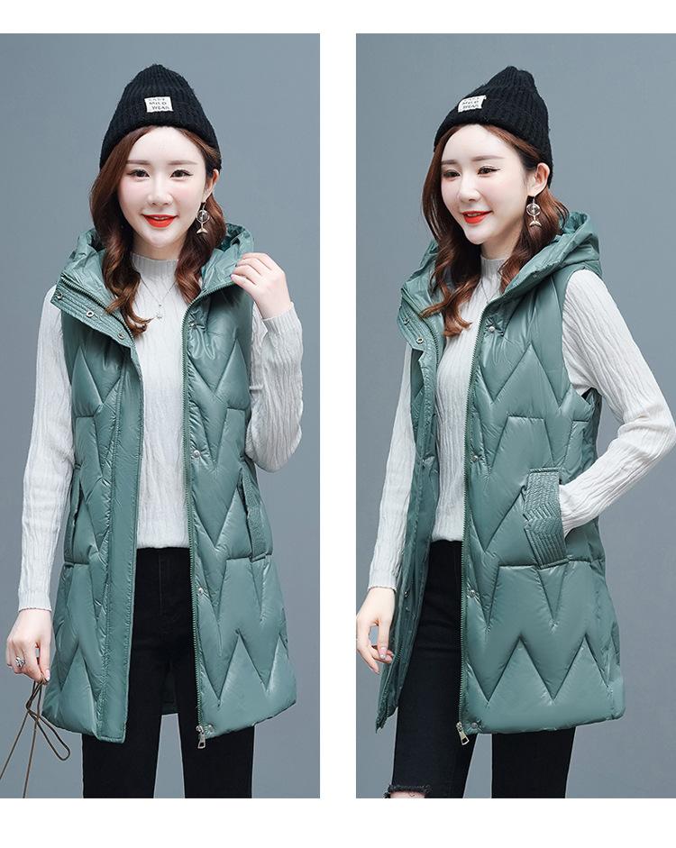 Outono e inverno feminino cor sólida com capuz solto espessamento quente meados de comprimento sem mangas colete jaqueta feminina