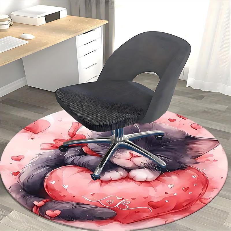 1pc Anime Design Round Carpet Cute Cat with Heart Print, Office Chair Mat, Non Slip Rug for Home Decor