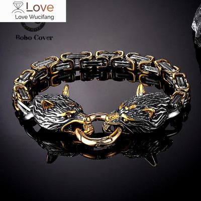Nordic Vikings Celtic Wolf Head Bracelets Mens Stainless Steel Oding Wolf Bangles Amulet Never Fade Gold King Chain Rock Jewelry