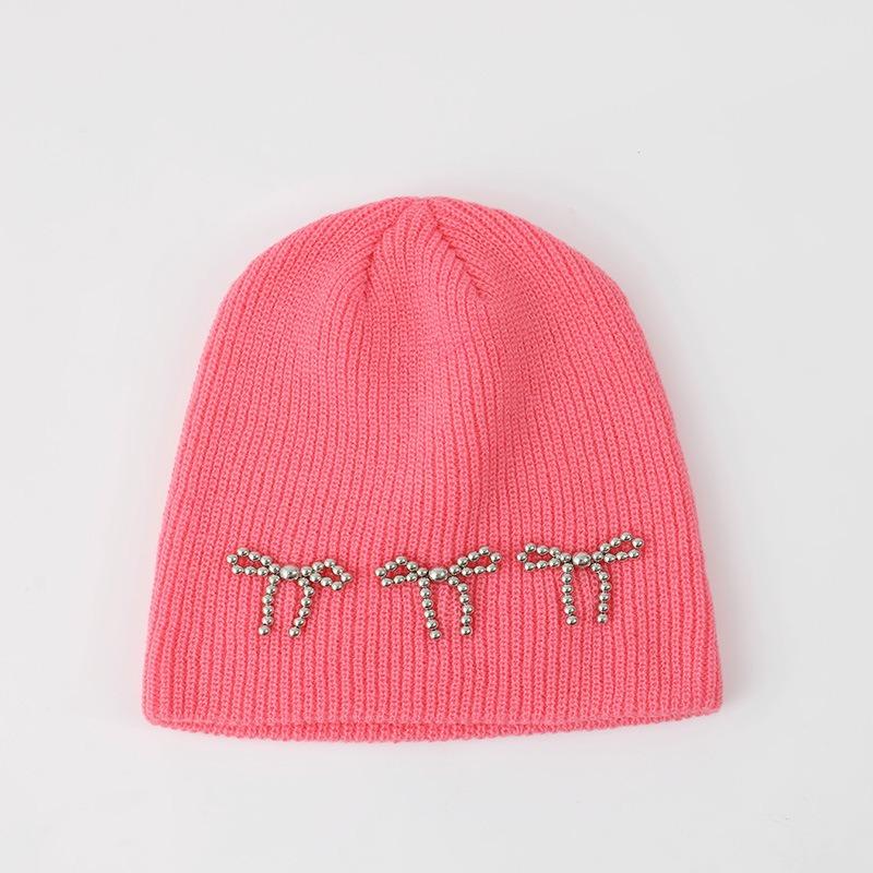 

Blogger Pearl Bow Knitted Hat Women s Winter Solid Color Cold-proof and Warm Double-layer Ear Protector Wool Hat One Size (55-58cm)