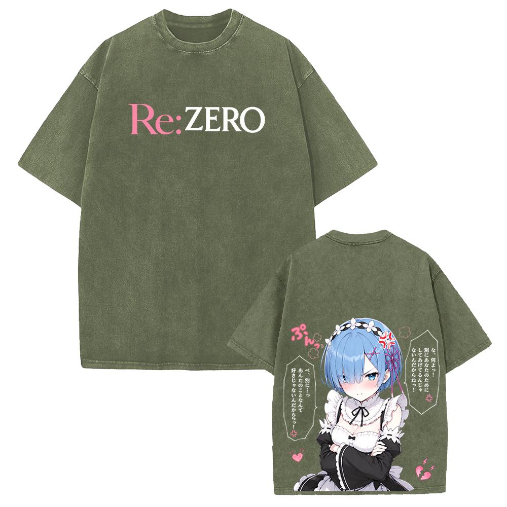 Cute Rem Re:ZERO Anime Printed T-shirt Harajuku Vintage Washed T Shirt Men Clothing Oversized Short Sleeve Cotton Tees Tops