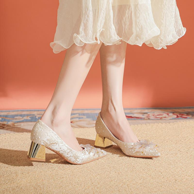 Rhinestone Butterfly Large Size Wedding Shoes Temperament Shallow Mouth High Heels Women Thick Heels Not Tired Feet Single Shoes Women