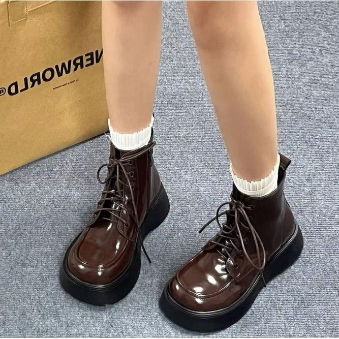 Niche design sense solid color simple small leather shoes 0000 autumn new versatile thick sole heightening lace-up single shoes women