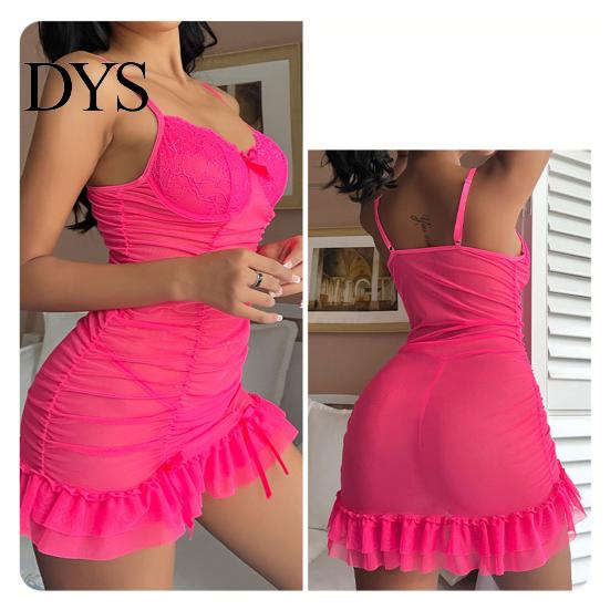 Lace Nightgown 2 Pcs/Set Nightdress Panties Set Spaghetti Strap Backless Sleeveless Nightwear Pleated Seductive Transparent Mesh Bow Ruffle