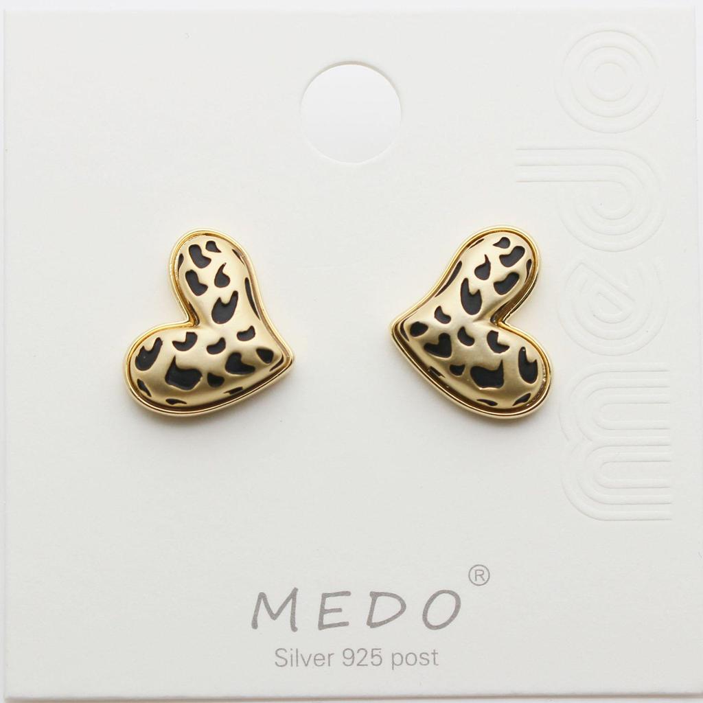 Silbernadel Wassertropfen Herz Ohrringe: Retro Hongkong-Stil, Leichter Luxus, Nieten mit Leopardenmuster