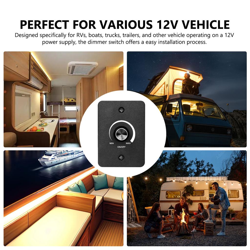 RV Dimmer Switch 12V 5A 60W Dimming Knob PWM Dimming Switch for LED Light Fixture, Halogen, Incandescent, StripLights