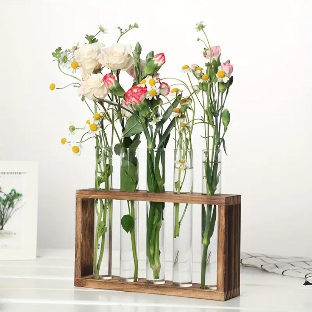 3/5 Test Hydroponic Plants Container Wood Frame Glass Planter Test Tube Vases Garden Office Decor