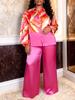 Plus Size Women's Geometric Satin Patchwork Suit - Flaw-Covering Shirt & Wide-Leg Pants Set