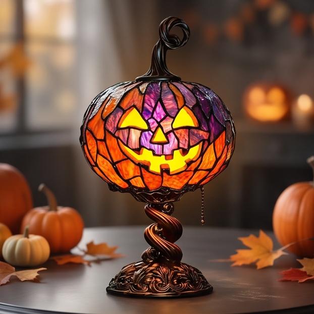 Stained Glass Pumpkin Table Lamp USB Powered Jack-O-Lantern Night Light Vintage Desktop Ornament for Halloween Decor Bedroom Living Room Office