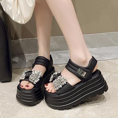 Fashion Clogs With Heel Female Sandal Increasing Height 2025 Summer Muffins Shoe Sale Of Women's Shoes Thick Girls Rhinestone Flat Gladi