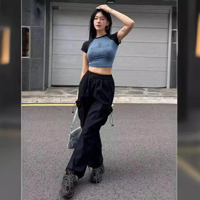 Všestranné letní pouliční vzor s otevřeným pupíkem Y2K pikantní dívčí tričko slim fit