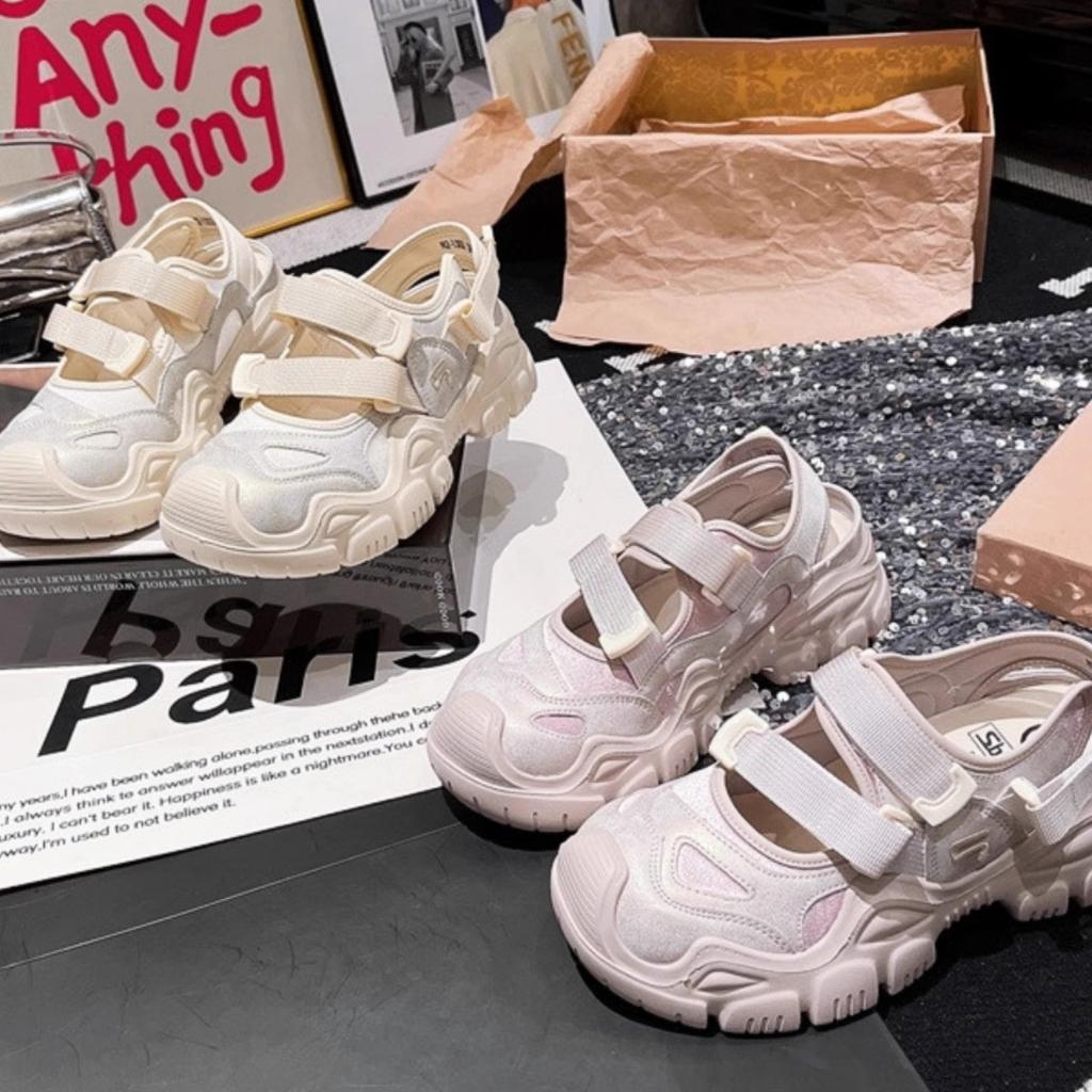 Cowhide version~ Ugly cute Mary Jane shoes hollow leather thick-soled Velcro bag head sandals sports dad shoes women