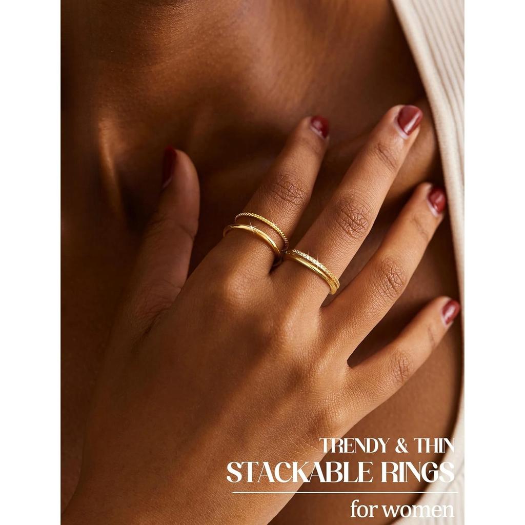 Bobisty Gold-plated Stackable Rings for Women Non Tarnish Open Adjustable Ring Cubic Zirconia Dainty Promise Thin Thumb Ring Set