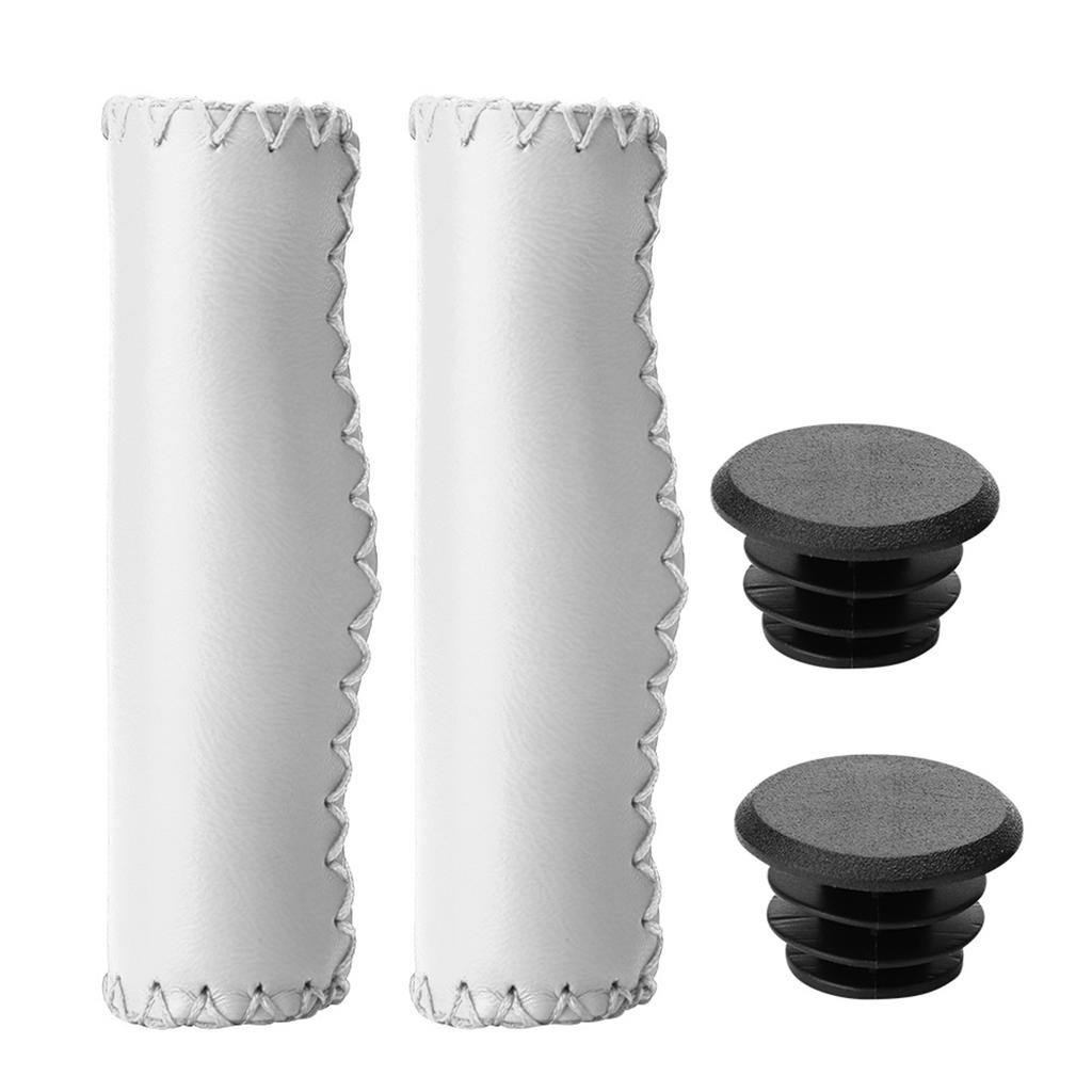 1 Pair Hand stitched PU Bike Bicycle Handlebar Handle Bar Grips with Plug(White)