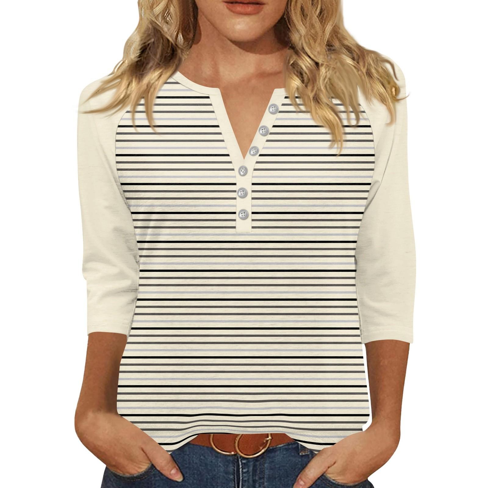 

Жен. Футболка С принтом Пуговицы Рукав 3/4 Повседневные Выходные Мода Классический Классический V-образный вырез Обычный Верх L бежевый