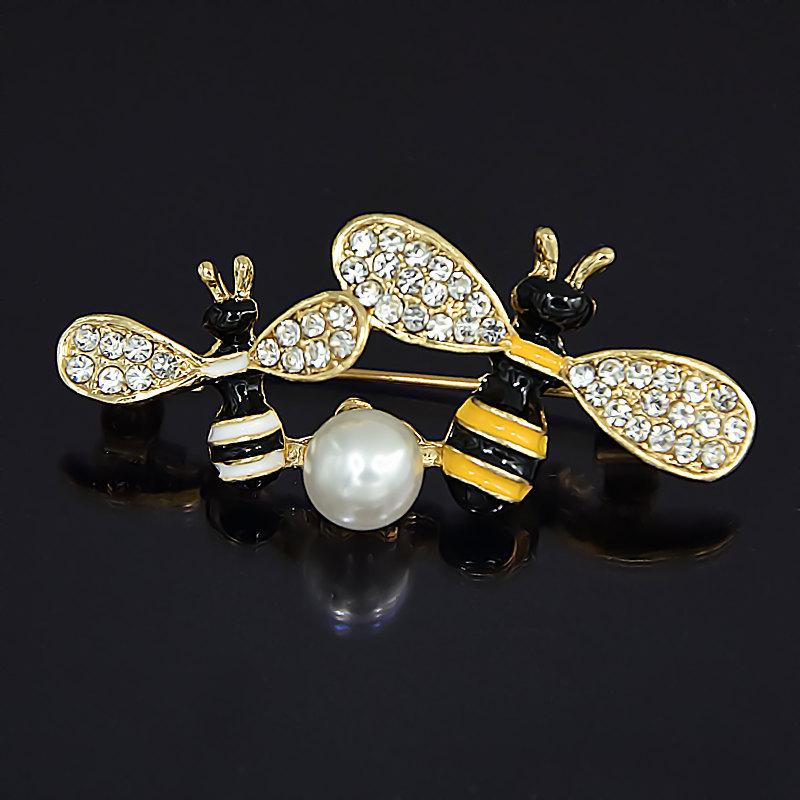 Yellow Bee Rhinestone Brooch - Cute Insect Lapel Pin with Pearl Accents