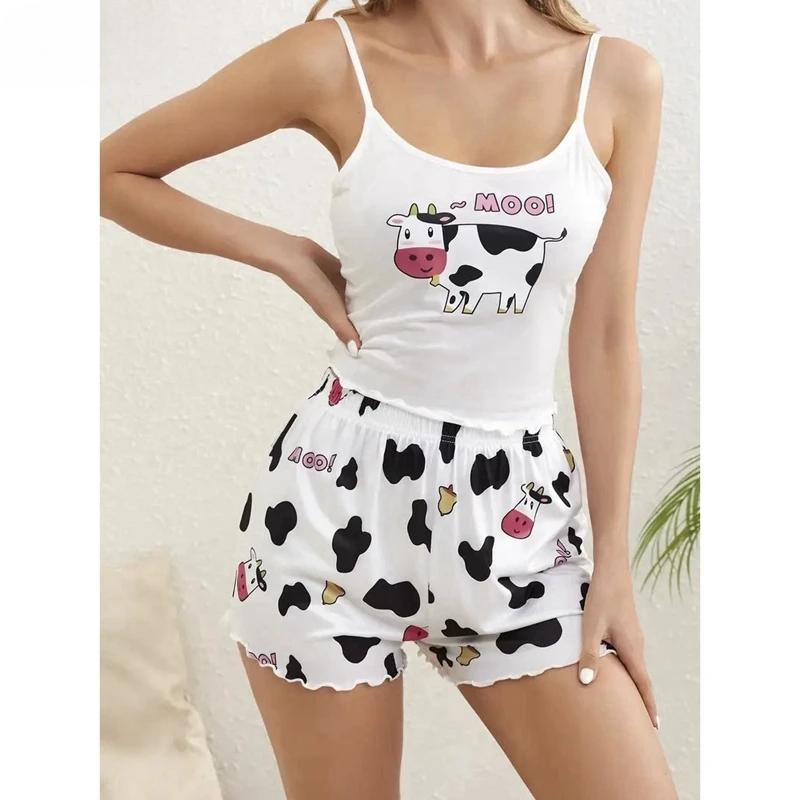 Milk Silk Tank Top Short Summer Sling Shorts Cute Cows Printing Lovely Lingeries Spaghetti Strap Pajama Set for Women