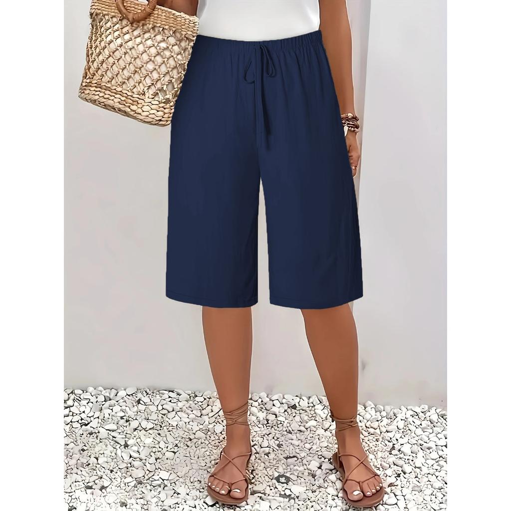 Damen Mid-Rise Kordelzug Bermuda Shorts Locker Basic Pendler Polyester Caprihosen