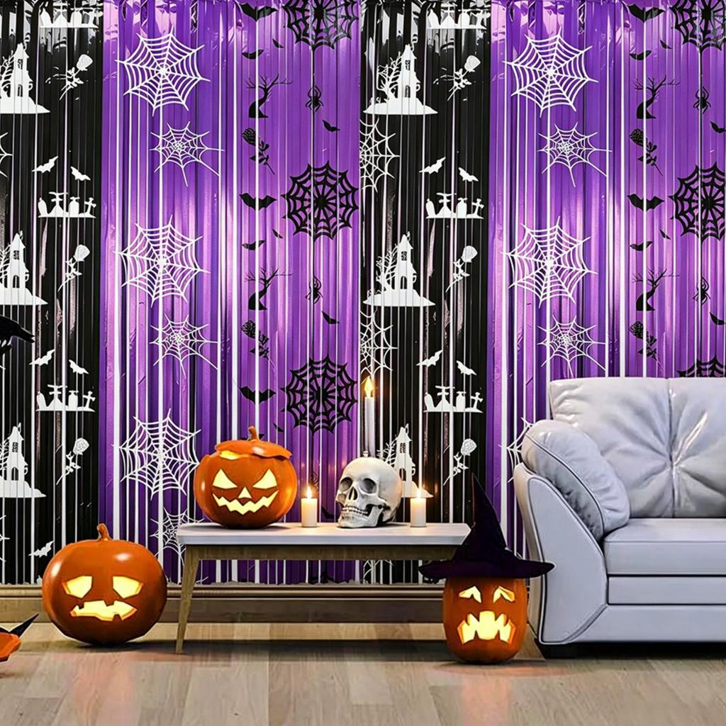 Halloween Tassel Door Curtain, Black Purple Beaded Curtain for Party Decoration, 200100cm