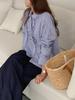 Korean Retro Plaid Women's Loose Long Sleeve Pleated Lace Shirt