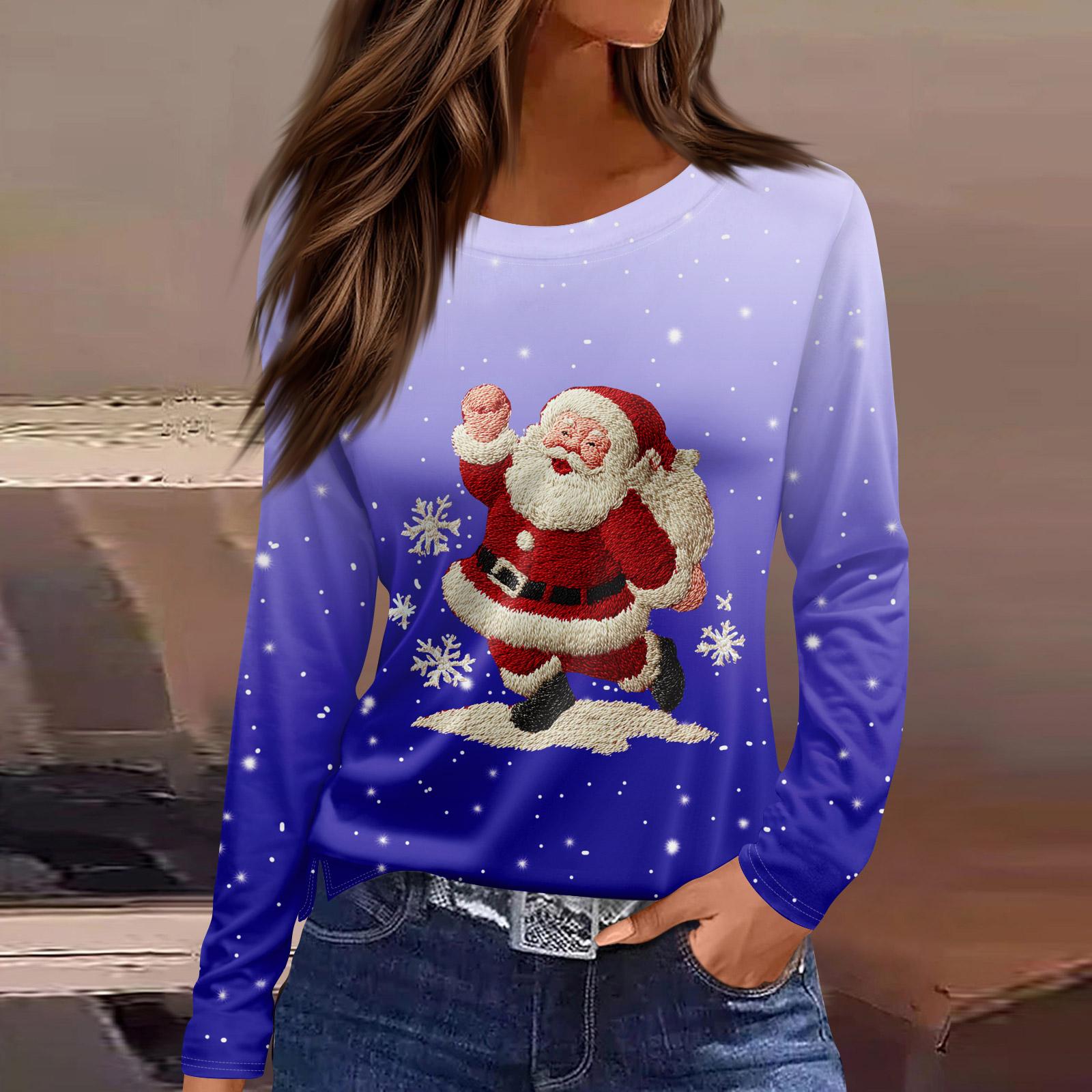 

Women s Fashion Casual Slit Hem Round Neck Long Sleeve Loose Printed T-Shirt Ladies Top M