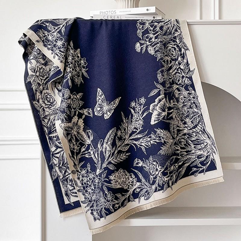 Elegant French Vintage Butterfly Print Faux Cashmere Scarf Women Warm Thick Wrap Shawl Office Winter