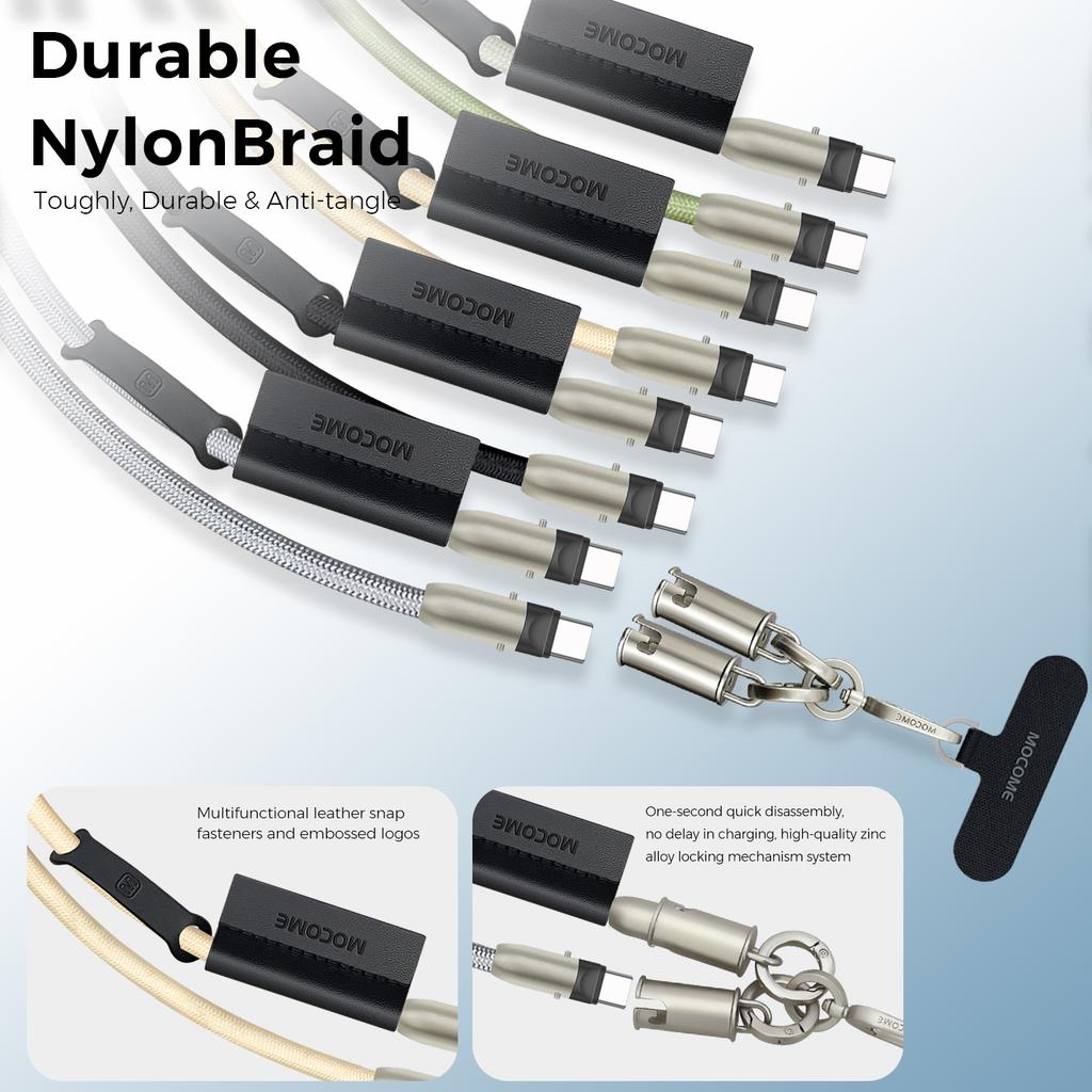 MOCOME W3 2 in 1 130cm Rechargeable Phone Lanyard 240W Fast Charging Cable Lanyard with Detachable Magnetic Clasp